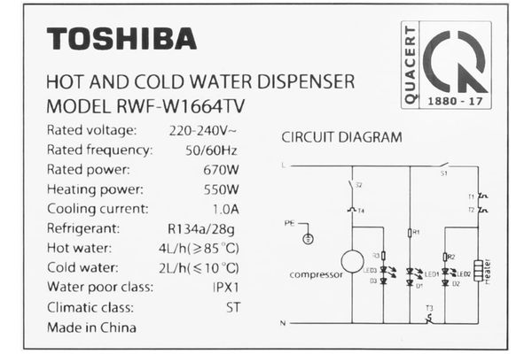 Cây nước nóng lạnh Toshiba RWF-W1664TV(K1) 670W
