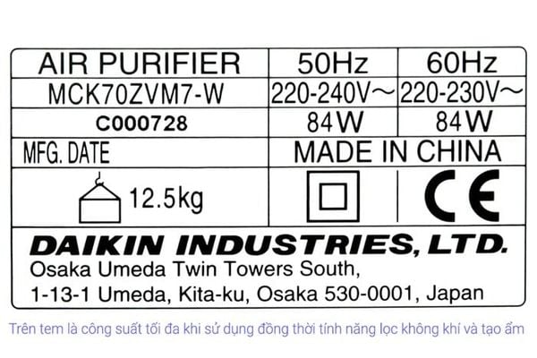 Máy lọc không khí Daikin MCK70ZVM7-W 82W