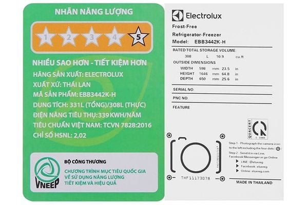 Tủ lạnh Electrolux Inverter 308 lít EBB3442K-H