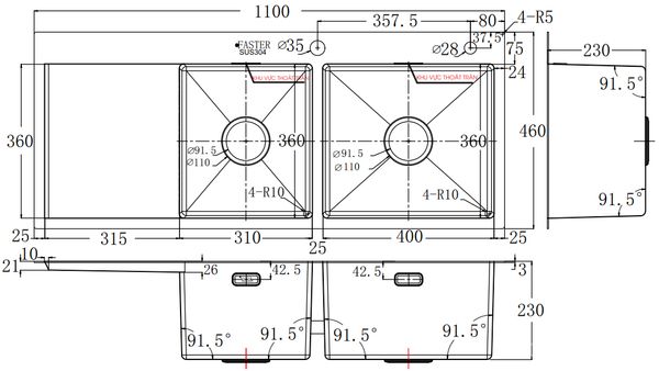 Chậu rửa bát inox SU304 2 hố Faster FS 11046HLS