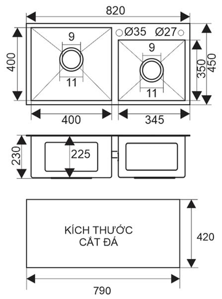 Chậu rửa bát inox SU304 2 hố lệch Faster FS 8245HS