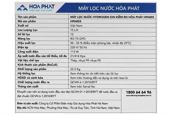 Cây lọc nước RO Hydrogen ion kiềm Hòa Phát HPA855 12 lõi