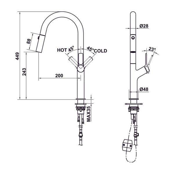 Vòi rửa nóng lạnh dây rút Hafele Inox 304 mạ PVD LUX-P HT25-SH1F449 570.85.046