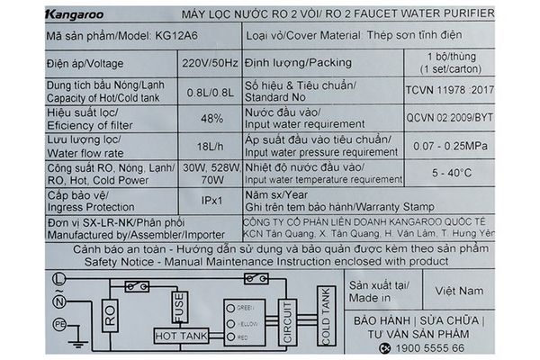 Máy lọc nước RO nóng nguội lạnh Hydrogen Kangaroo Sumire KG12A6 12 lõi