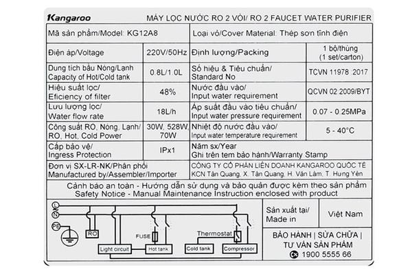 Máy lọc nước RO nóng nguội lạnh Hydrogen Kangaroo Sumire KG12A8 12 lõi