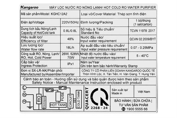 Máy lọc nước nóng lạnh ion kiềm Kangaroo Sumire Hydrogen KGHC12A2