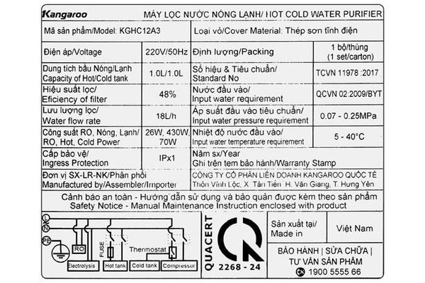 Máy lọc nước nóng lạnh ion kiềm Kangaroo Sumire Hydrogen KGHC12A3