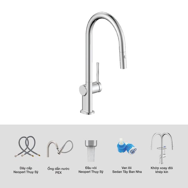 Vòi rửa Kluger dây rút nóng lạnh Chrome KLF0003SC