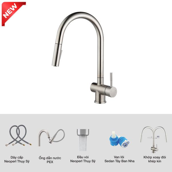 Vòi rửa Kluger dây rút nóng lạnh Nickel KLF0008SS