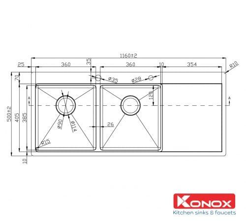 Chậu rửa Konox 2 hố Workstation Sink Topmount 116cm KN11650TD bàn phải