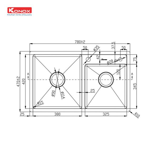 Chậu rửa Konox 2 hố lệch Overmount Sink 78cm KN7847DO