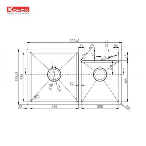 Chậu rửa Konox 2 hố lệch Overmount Sink 82cm KN8248DO