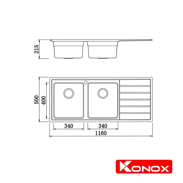 Chậu rửa Konox 2 hố European sink Premium 116cm KS11650 2B bàn phải