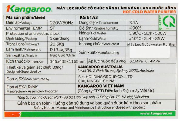 Máy lọc nước RO nóng lạnh Kangaroo KG61A3 5 lõi