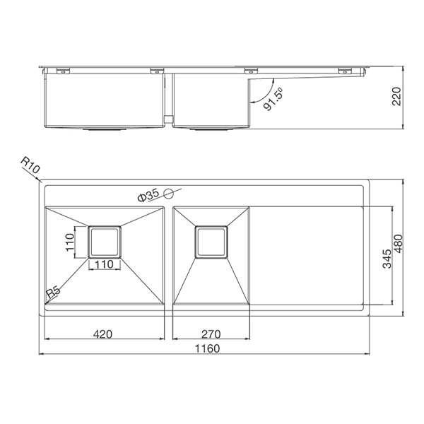 Chậu rửa Inox 2 hố 116cm Malloca MS 6306T có bàn chờ
