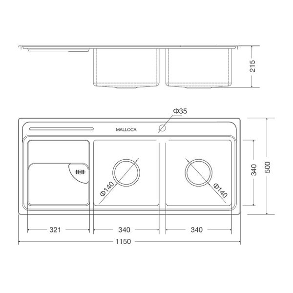 Chậu rửa Inox 2 hố Malloca 115cm MS 8816 N bàn chờ trái