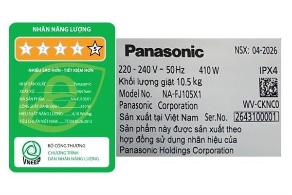 Máy giặt lồng đứng Panasonic Inverter cửa trên 10.5 kg NA-FJ105X1BV