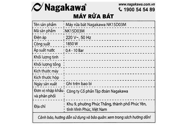 Máy rửa chén độc lập Nagakawa NK15D03M