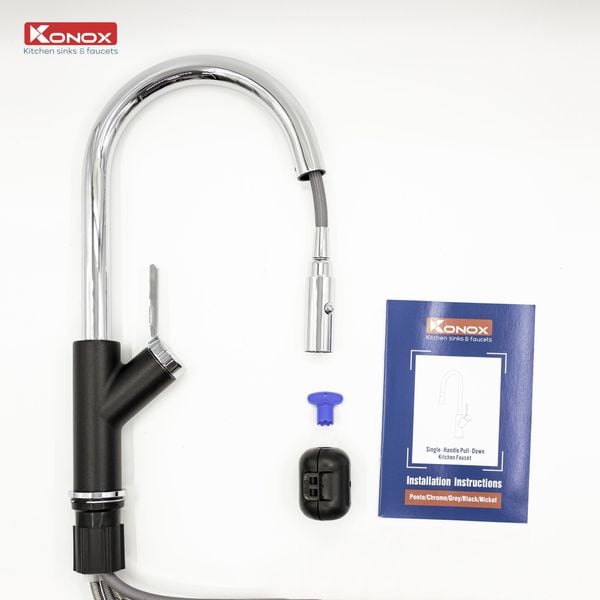 Vòi rửa Konox dây rút Ponte Black nóng lạnh mạ vân đá