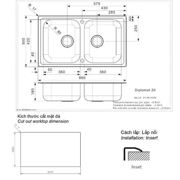 Chậu rửa 2 hố Reginox 86cm Diplomat 20 Lux R02230