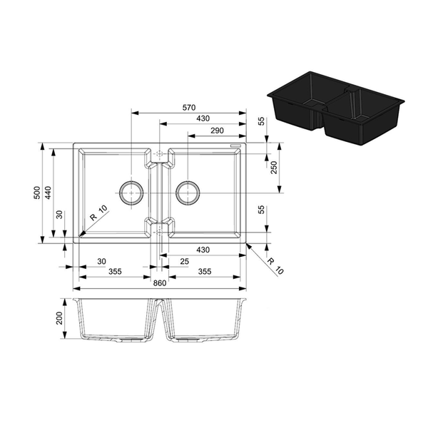 Chậu rửa 2 hố Reginox 86cm đá Amsterdam 20 màu đen R31001