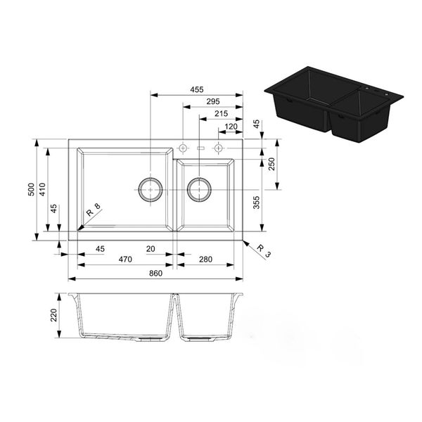 Chậu rửa 2 hố lệch Reginox 86cm đá Amsterdam 25 R31087 đen