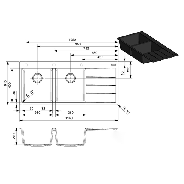 Chậu rửa 2 hố Reginox 116cm R33739 có bàn chờ