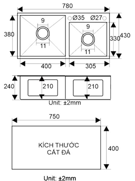 Chậu rửa 2 hố lệch Roslerer 78CM RL04-7843 nano
