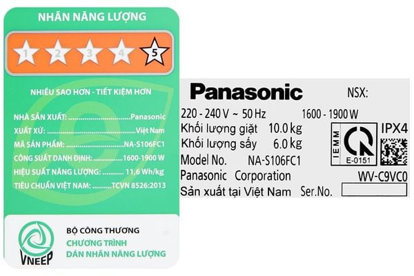 Máy giặt sấy Panasonic Inverter 9 kg NA-S96FC1LVT