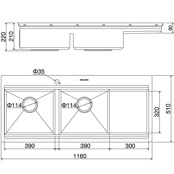 Chậu rửa Inox 116cm Malloca Slide MS 1162R