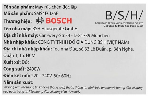 Máy rửa bát độc lập Bosch 13 bộ SMS4ECI26E serie 4