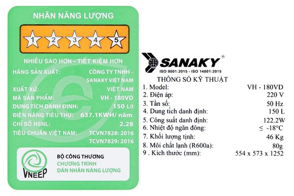 Tủ đông Sanaky 150 lít VH-180VD