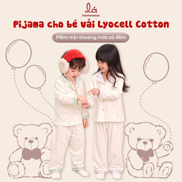  Pijama cho bé vải Lyocell Cotton Lá Homewear LC04, đồ bộ dài tay bé trai gái caro mềm mịn 