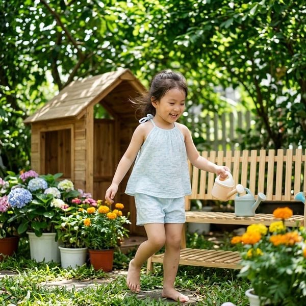  Bộ đùi áo yếm bé gái xô muslin XM02 Lá Homewear, bộ hai dây mùa hè mát nhẹ cho bé 