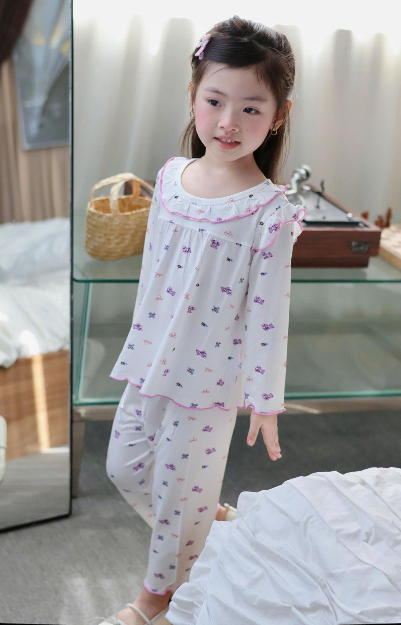  Bộ tay dài bé gái sợi sồi Modal Lá Homewear MOD5, đồ ngủ cho bé babydoll mát mềm phối bèo dễ thương 