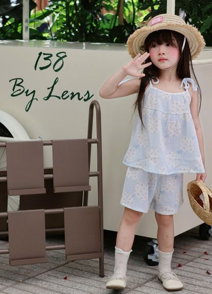  Bộ hai dây bé gái xô muslin XM03 Lá Homewear, đồ bộ mùa hè mát chấm bi 