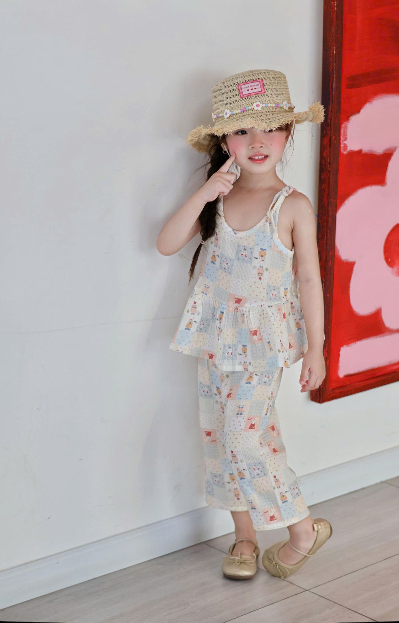  Bộ hai dây bé gái quần lửng xô muslin Lá Homewear A279, bộ đồ hè bé gái mát nhẹ dễ thương áo dây xòe quần suông 