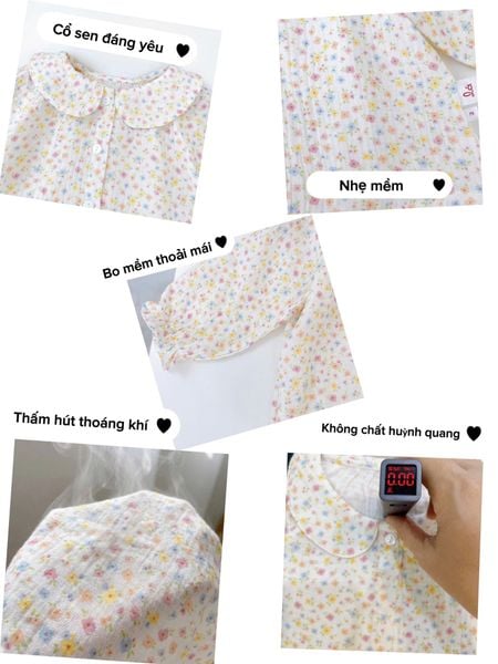  Bộ dài tay cho bé gái xô muslin A338 Lá Homewear, đồ ngủ cho bé babydoll dễ thương, quần bo chun 