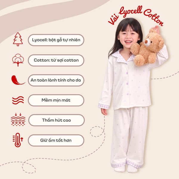  Pijama cho bé vải Lyocell Cotton Lá Homewear LC04, đồ bộ dài tay bé trai gái caro mềm mịn 