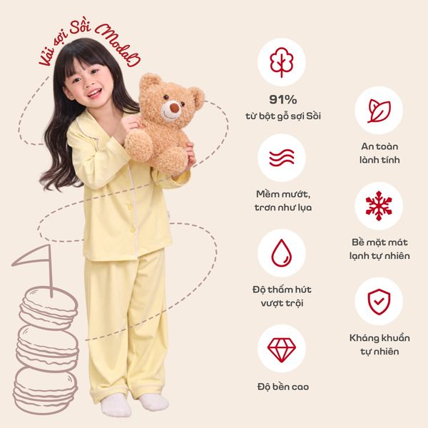  Pijama cho bé vải sợi Sồi Modal Lá Homewear MD01, pyjama dài tay bé trai gái mềm mịn mát 