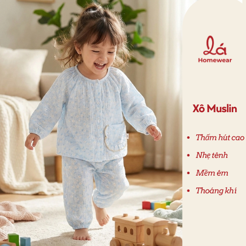  Pijama bé gái xô muslin Áo Lá Homewear A096, đồ bộ dài tay bé gái mặc ngủ xô đũi 