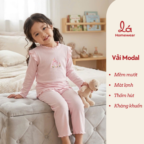  Đồ bộ dài tay bé gái sợi sồi Modal Lá Homewear LEZ01, bộ thun tăm cao cấp mềm mát mịn co giãn 