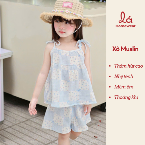  Bộ hai dây bé gái xô muslin XM03 Lá Homewear, đồ bộ mùa hè mát chấm bi 