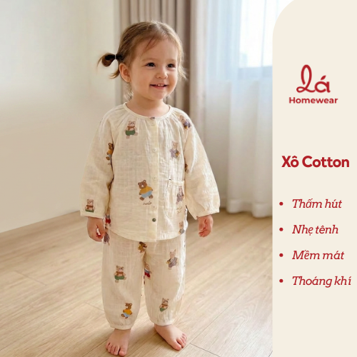  Bộ dài tay bé gái xô cotton Lá Homewear A342, pizama cho bé babydoll mát mềm dễ thương 