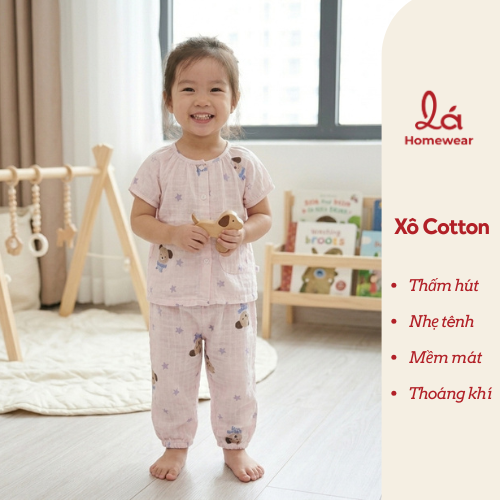  Bộ tay ngắn quần dài xô cotton Lá Homewear A339, đồ ngủ cộc tay bé gái quần bí dễ thương mềm mát 