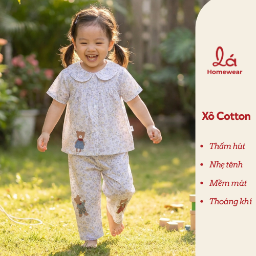  Pijama cộc tay cho bé gái Lá Homewear A378, bộ ngủ tay ngắn xô cotton thoáng nhẹ mát 