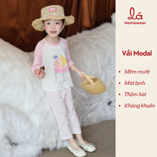  Đồ bộ ngủ cho bé sợi sồi Modal Lá Homewear MOD2, đồ bộ tay lửng quần dài raglan phối màu caro 