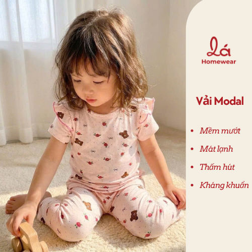  Bộ tay ngắn quần dài bé gái sợi sồi Modal Ice Cool Lá Homewear A372, đồ ngủ côc tay bé gái mát mềm 