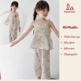  Bộ hai dây bé gái quần lửng xô muslin Lá Homewear A279, bộ đồ hè bé gái mát nhẹ dễ thương áo dây xòe quần suông 