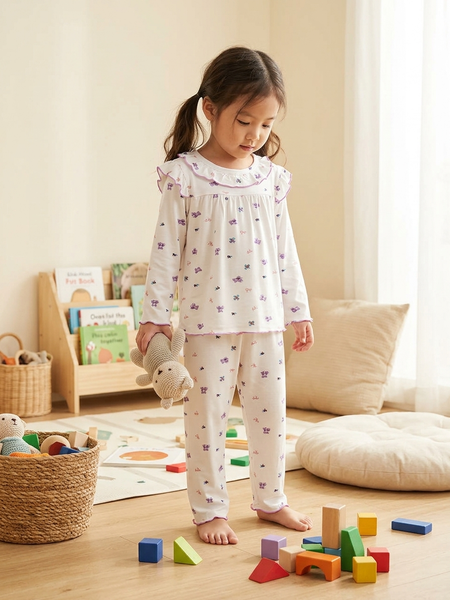  Bộ tay dài bé gái sợi sồi Modal Lá Homewear MOD5, đồ ngủ cho bé babydoll mát mềm phối bèo dễ thương 